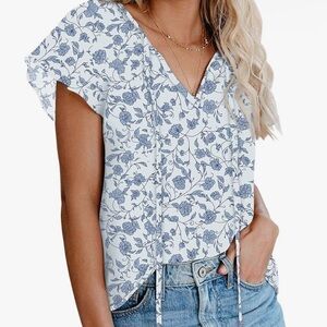 Blue Boho Floral Short Sleeve Blouse with Drawstrings